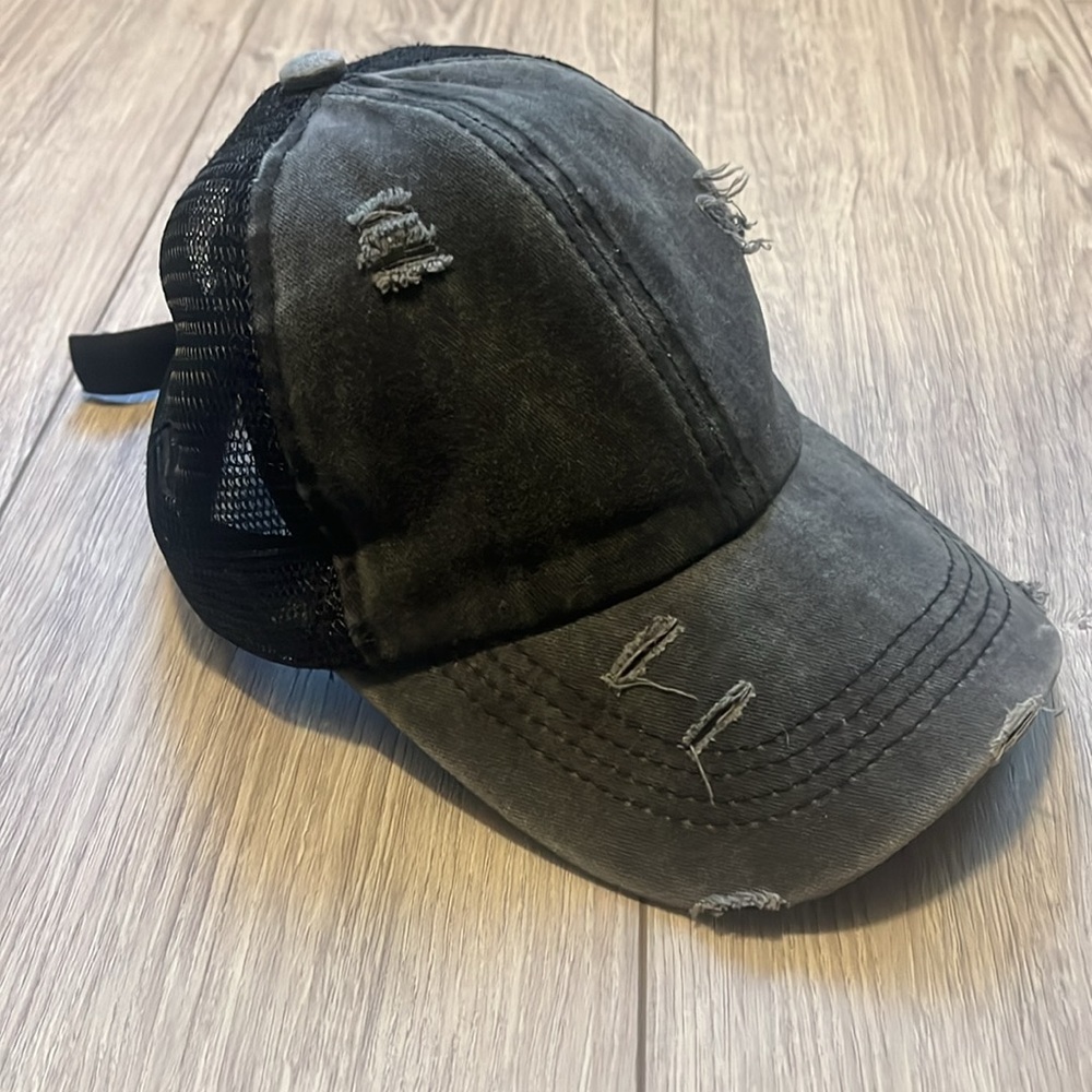 Distressed pony tail baseball hat
